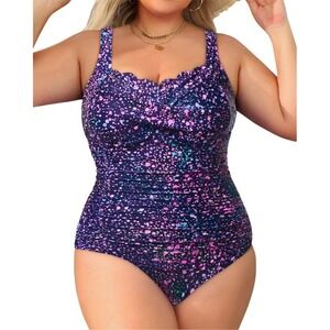 Aqua Eve Plus Size 24W One Piece Swimsuit Scalloped Neck Ruffle Ruched Print NWT
